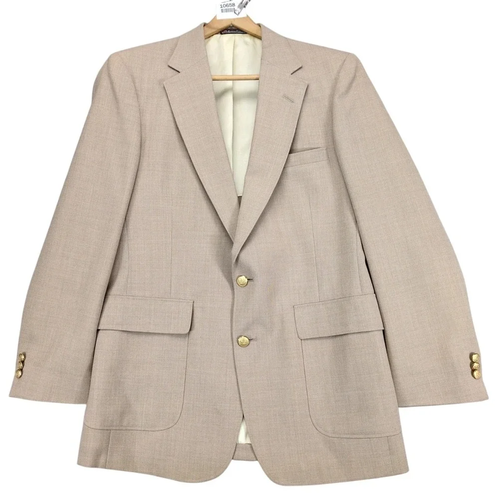 Vintage Stafford Beige Textured Blazer Mens 42L Gold Crest Buttons‎ Made USA 80s